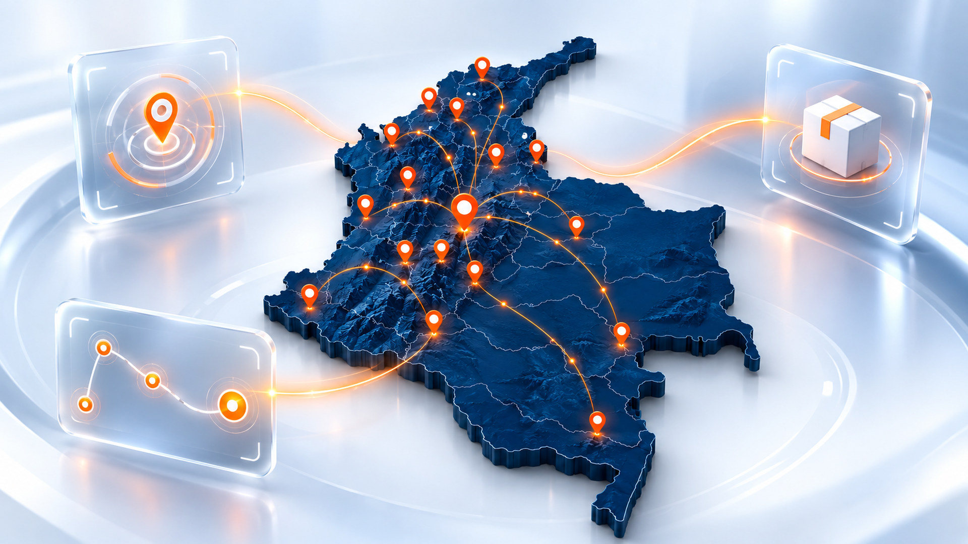 Mapa 3D de Colombia con puntos de cobertura y elementos logísticos conectados