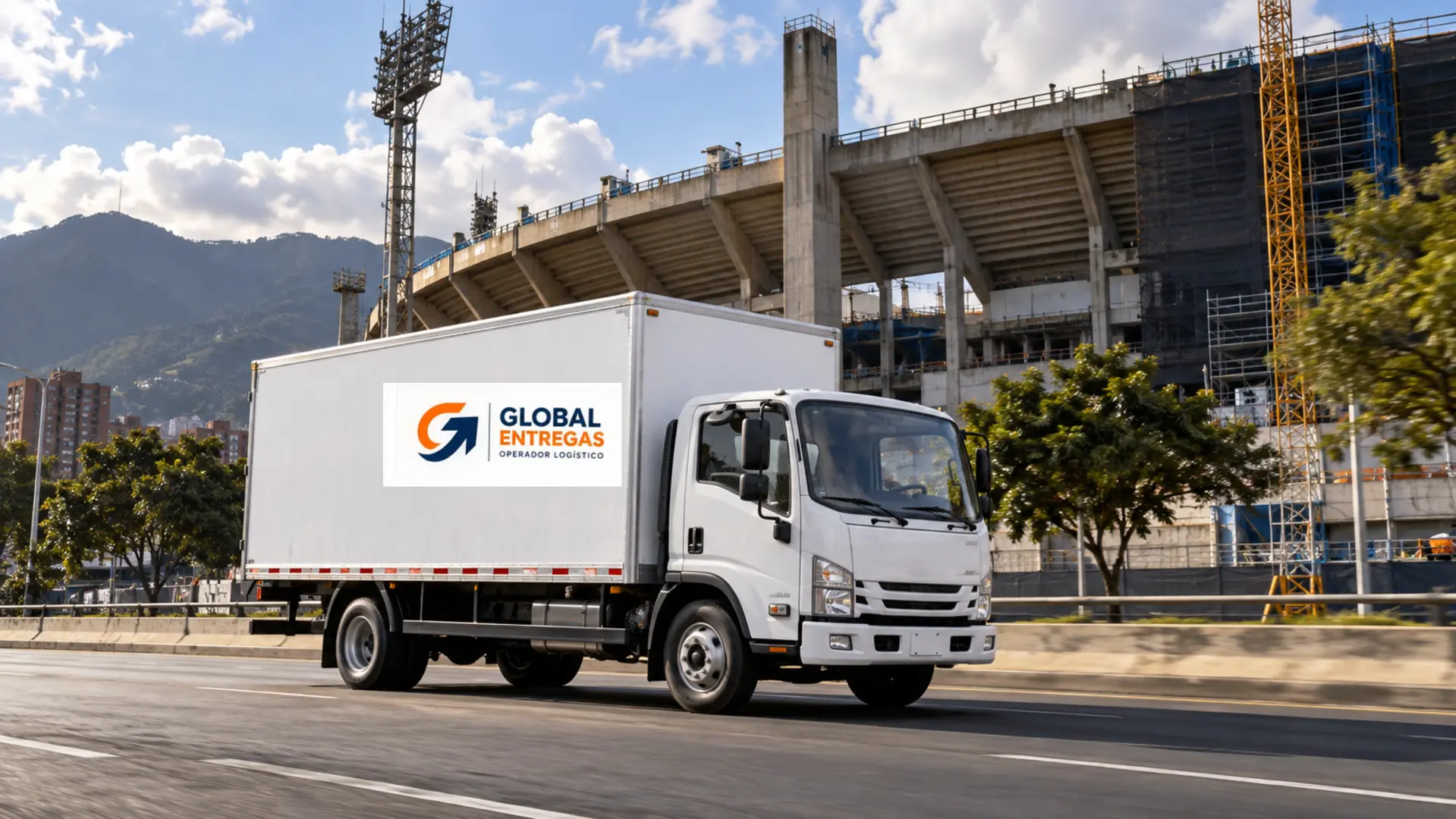 Camión de Global Entregas frente al Estadio El Campín en Bogotá